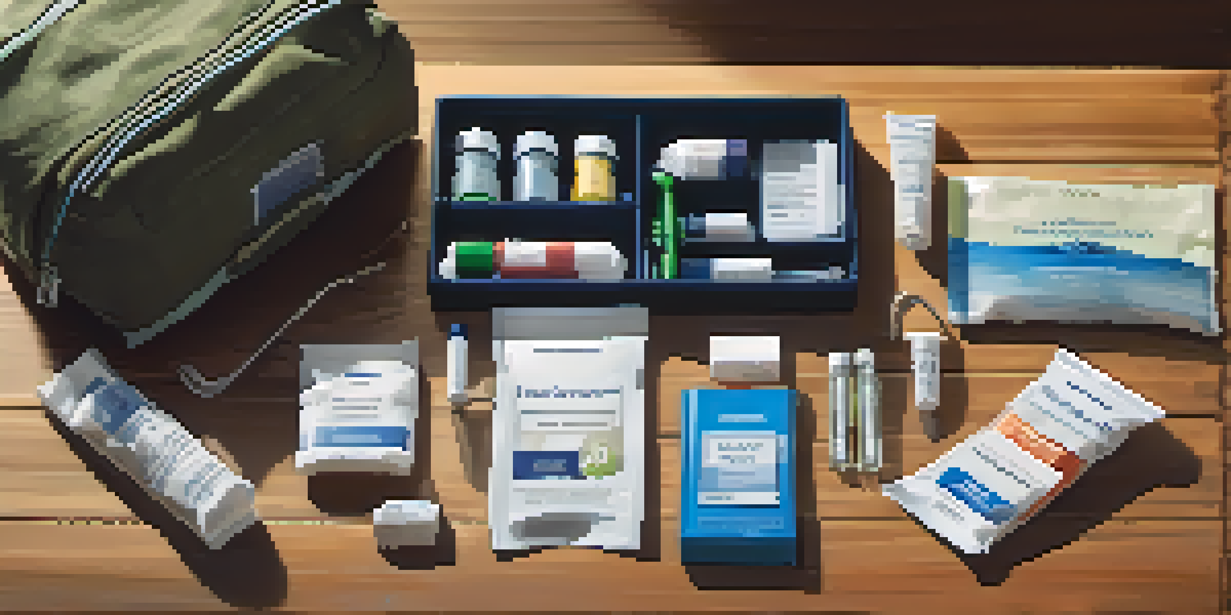 A neatly arranged travel health kit on a table, showcasing various health and hygiene items in labeled pouches.