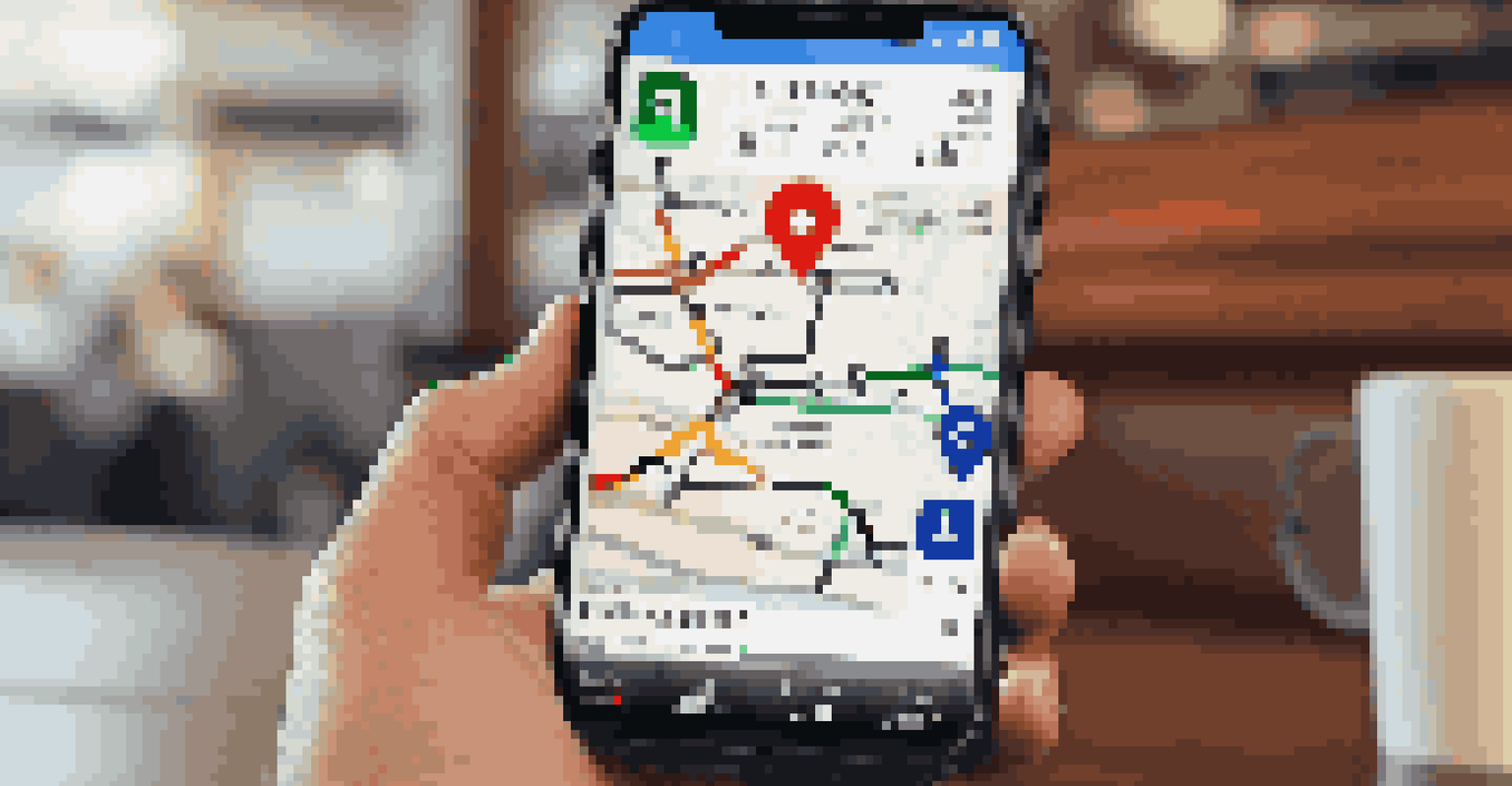 A smartphone on a wooden table showing a train travel app with real-time updates and colorful buttons.