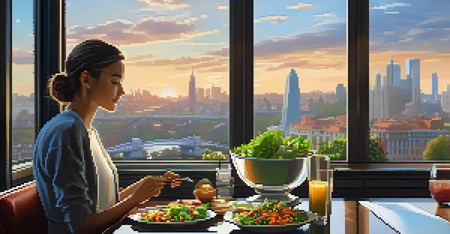 A traveler having a healthy meal at a restaurant with a city view, with a laptop open for a video call.