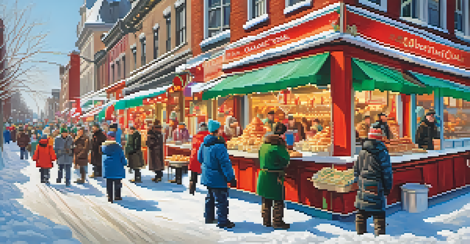 The Quebec Winter Carnival with colorful food stalls, ice sculptures, and visitors enjoying local delicacies.
