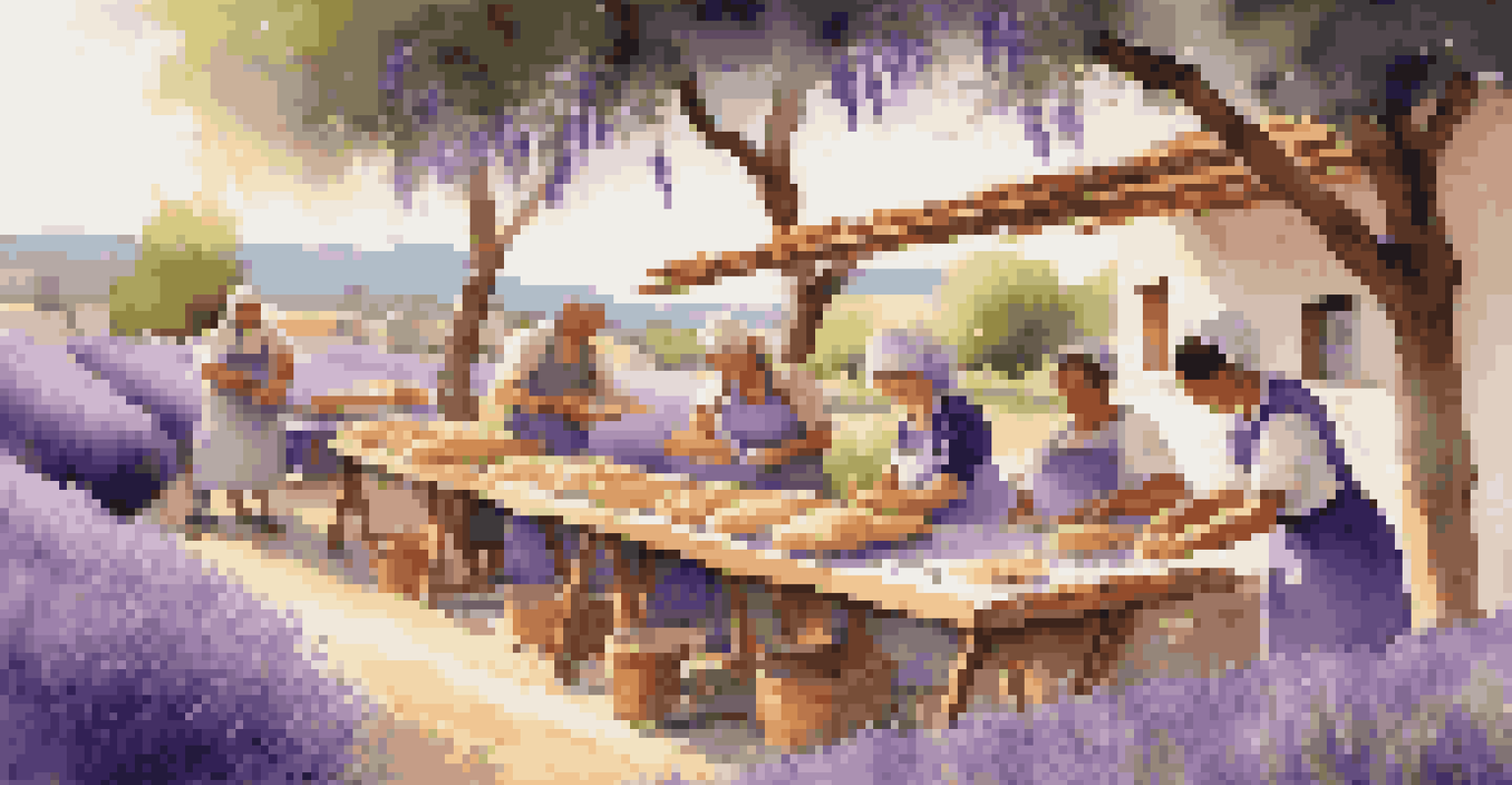 Participants kneading dough in an outdoor baking class surrounded by lavender fields in Provence, with a rustic bakery in the background.