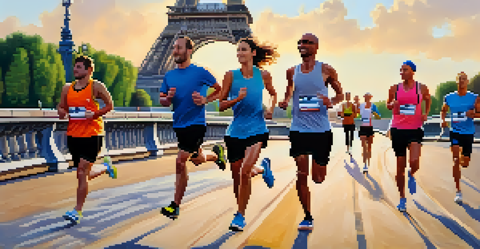 A group of runners jogging along the Seine River in Paris with the Eiffel Tower visible in the background.