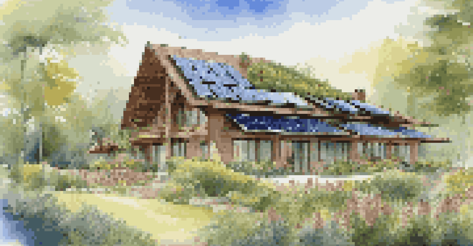 An eco-friendly lodge surrounded by nature, showcasing solar panels and an organic garden.