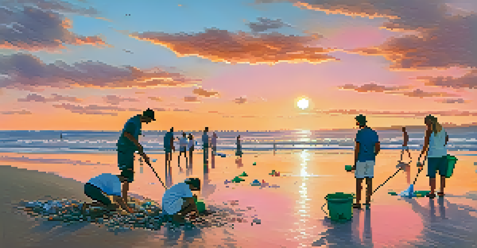 Volunteers cleaning a beach during sunset, with the sky painted in warm colors and the ocean in the background.