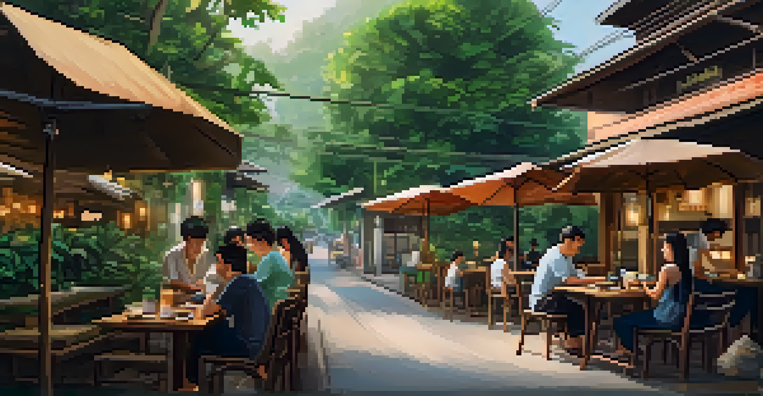 A charming café in Chiang Mai with lush greenery, traditional architecture, and remote workers at rustic wooden tables.