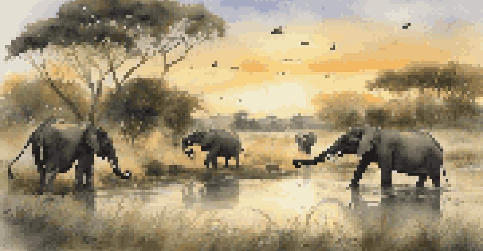A herd of elephants at a watering hole during sunset, surrounded by lush vegetation.