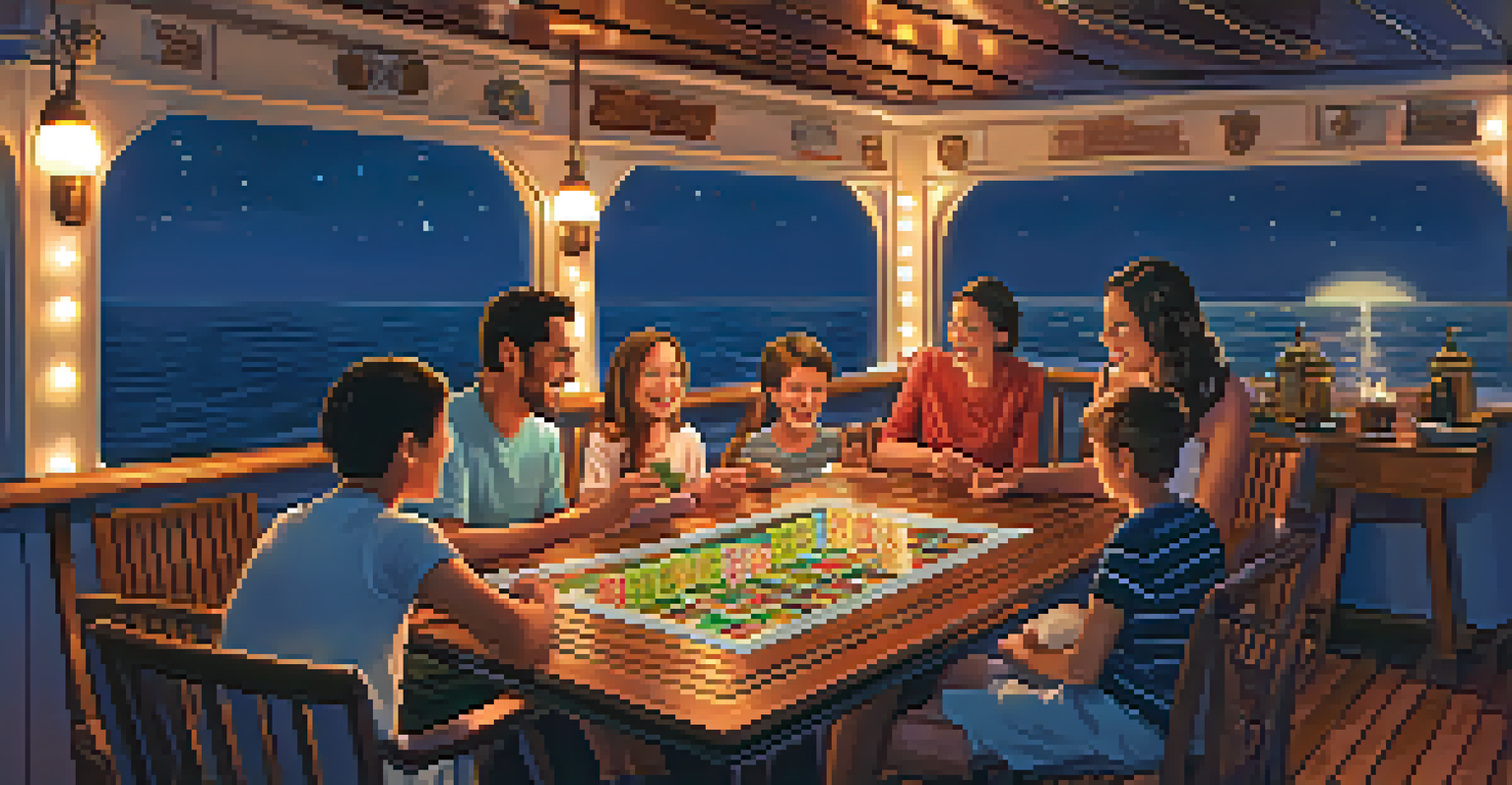 A family enjoying a board game on a cruise ship deck under the stars, with the ocean in the background and warm string lights creating an inviting atmosphere.