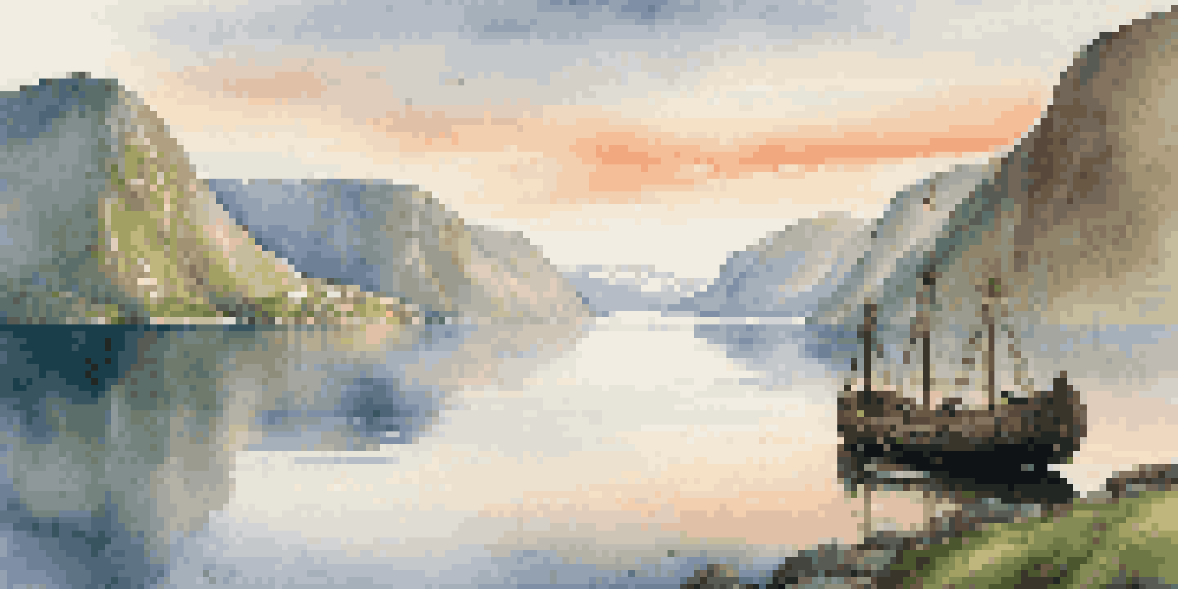 A scenic view of Sognefjord at sunrise with a Viking longship in the foreground and dramatic cliffs in the background.
