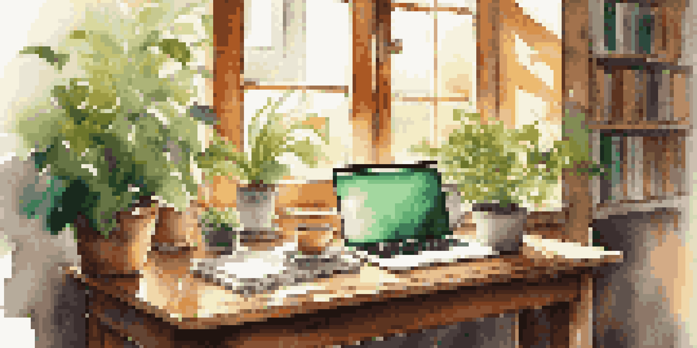 A warm and inviting café workspace with a laptop, coffee, and plants, illuminated by sunlight.