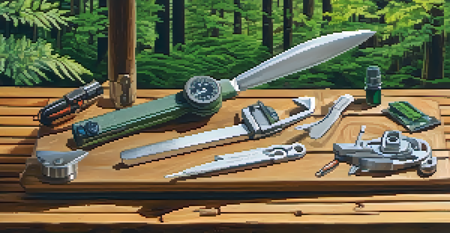 A multi-tool displayed on a wooden picnic table surrounded by outdoor gear in a forest setting.