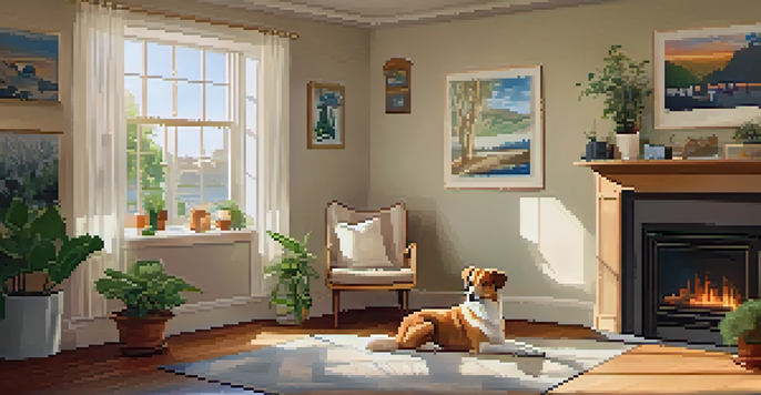A cozy living room with a fluffy dog resting on a soft pet bed, warm light filtering through the window, and pet-themed artwork on the walls.