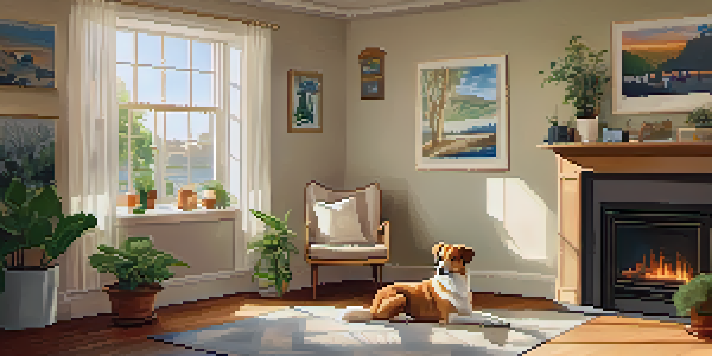 A cozy living room with a fluffy dog resting on a soft pet bed, warm light filtering through the window, and pet-themed artwork on the walls.