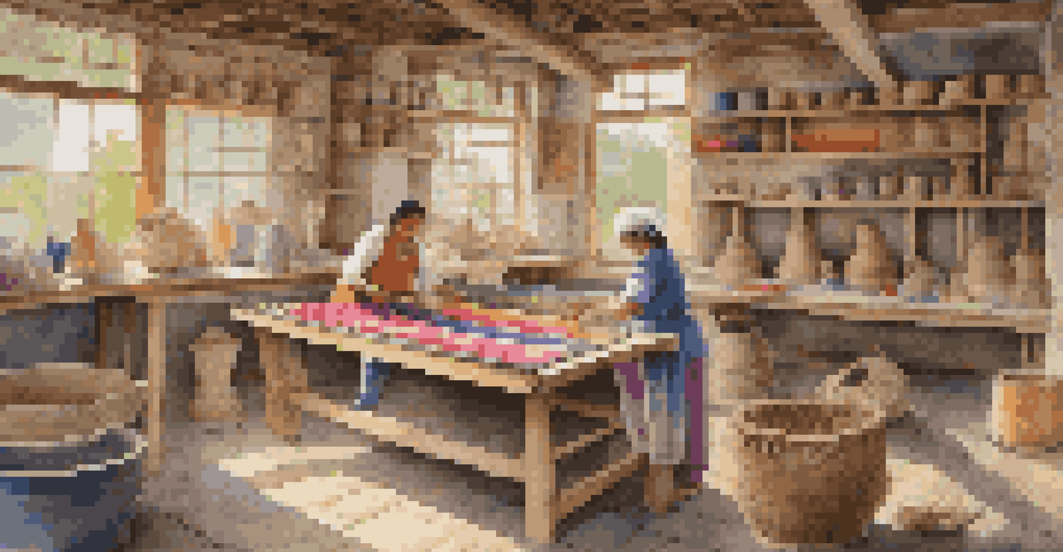 An artisan weaving a colorful textile in a traditional craft workshop, surrounded by tools and natural light.
