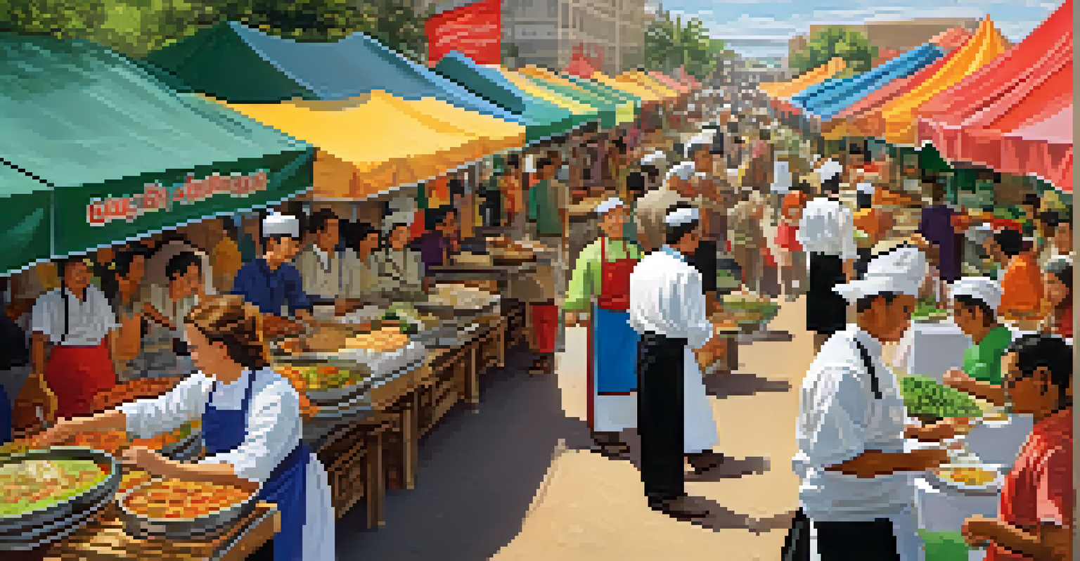 A vibrant food festival with attendees sampling traditional dishes and chefs demonstrating cooking techniques.