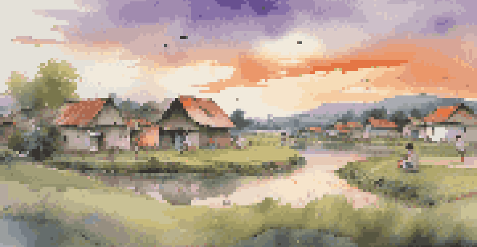 A peaceful rural landscape at sunset with traditional houses, children playing in the foreground, and a colorful sky.