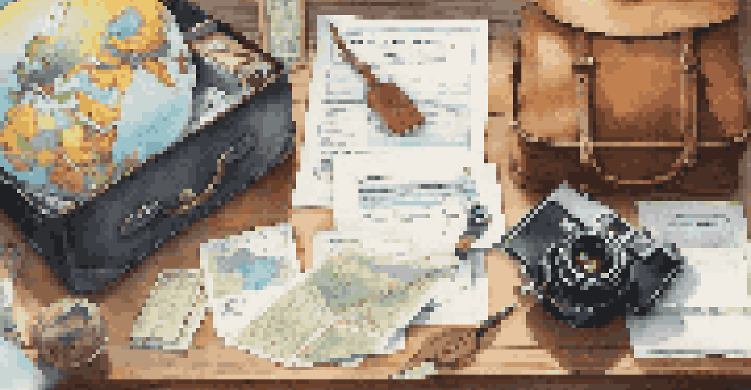 Travel insurance documents on a wooden table with a vintage suitcase and travel accessories.