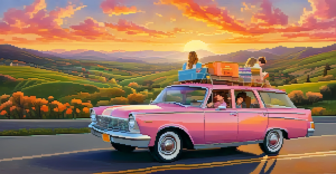 A family road trip with teenagers looking at a map in a car at sunset.