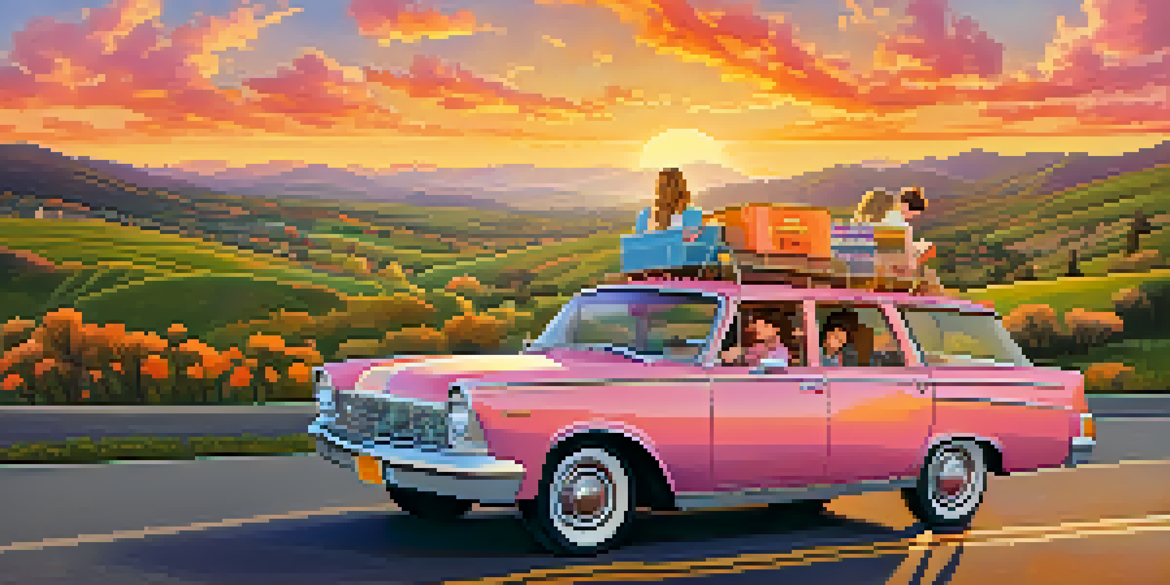 A family road trip with teenagers looking at a map in a car at sunset.