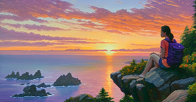 A young woman sits on a cliff, watching a colorful sunset over the ocean, with a backpack beside her.