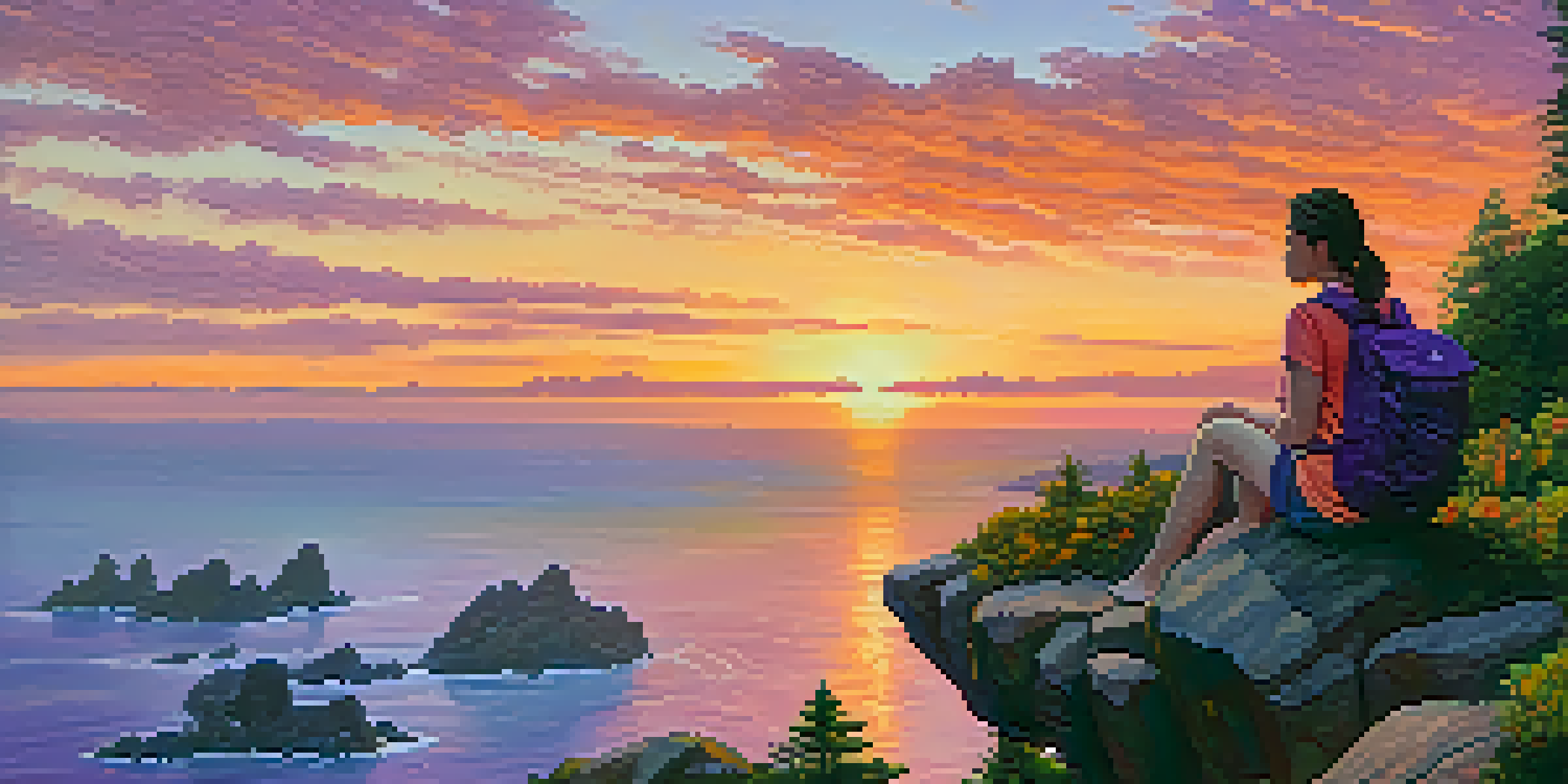 A young woman sits on a cliff, watching a colorful sunset over the ocean, with a backpack beside her.