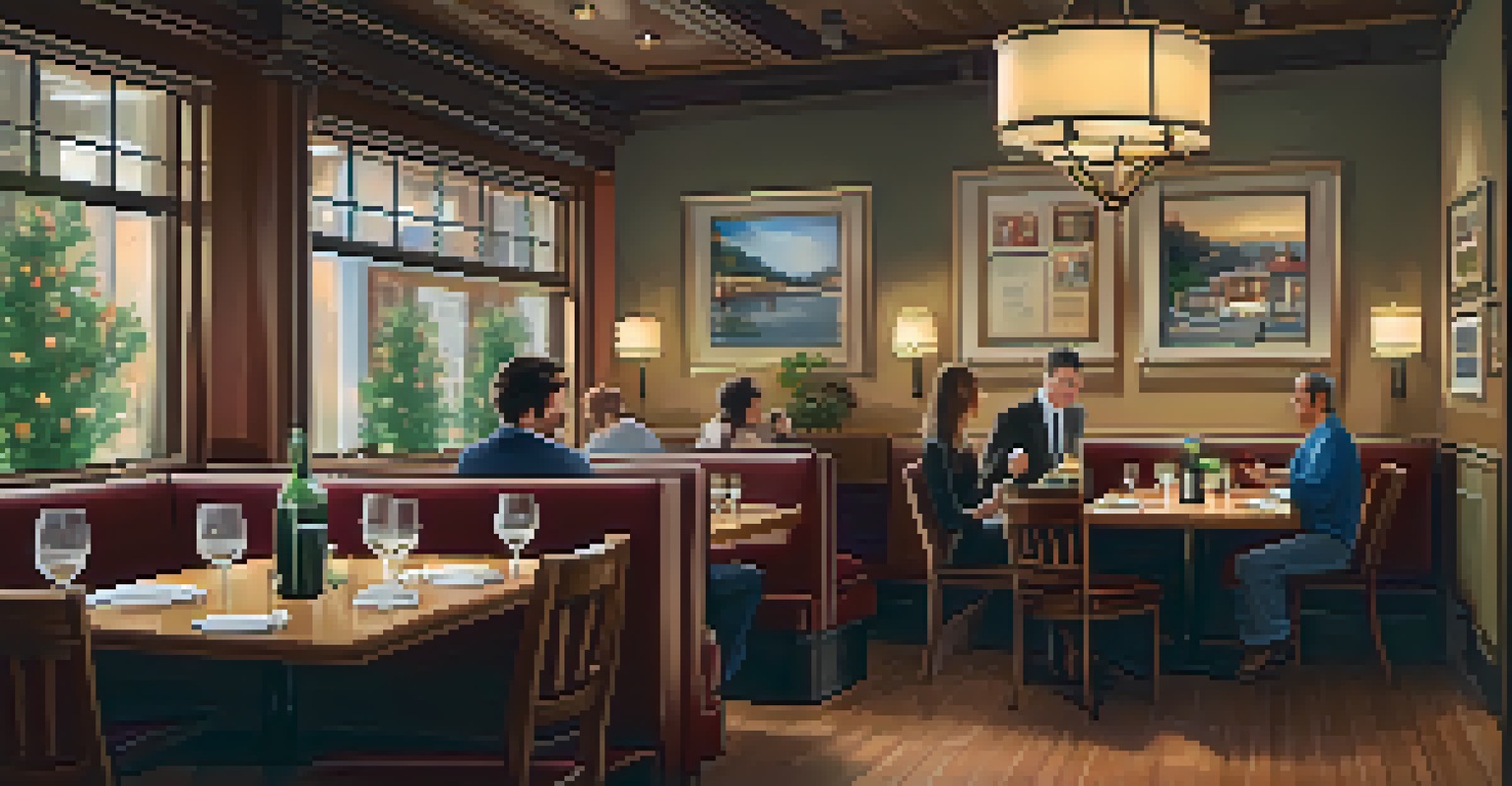 A cozy restaurant interior with a table set for dining, showing a menu highlighting allergy-friendly options while a server speaks with customers.