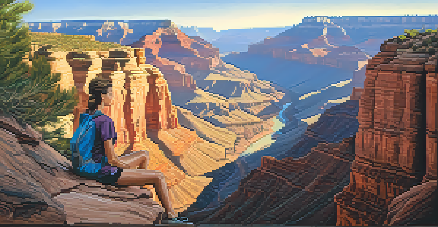 A hiker on a rocky cliff overlooking the Grand Canyon with vibrant layers of red rock.