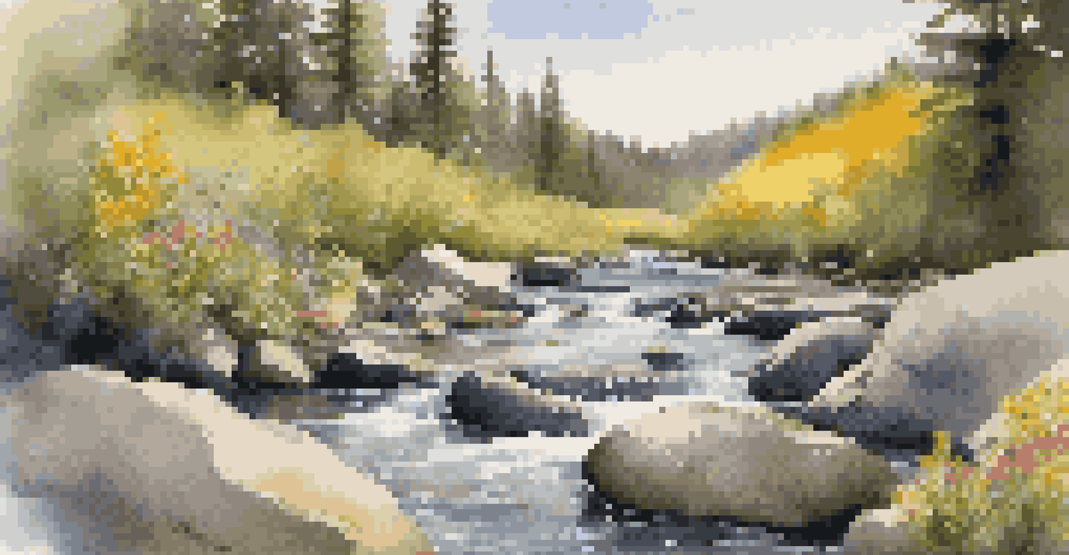 A portable water filter placed on a rock by a sparkling stream in a remote area, surrounded by wildflowers and sunlight.