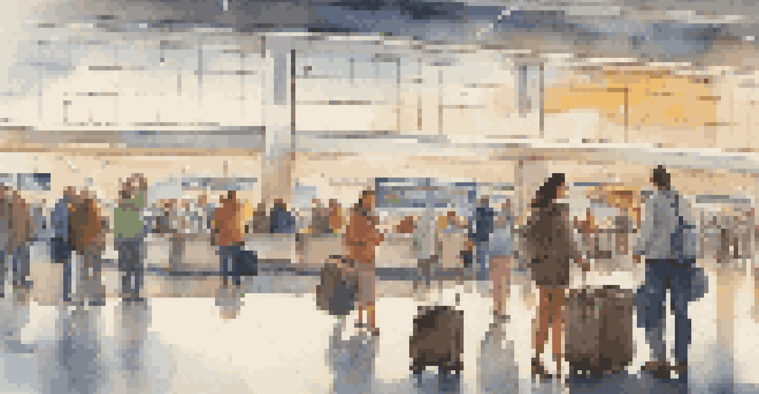 A busy airport scene with travelers checking in and looking at planes through a window.