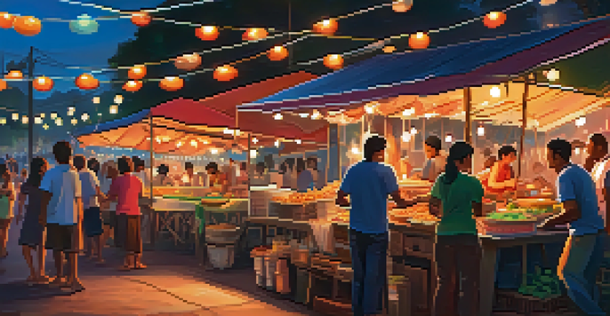 A bustling street food market with colorful stalls and string lights at dusk, diverse people enjoying various dishes.