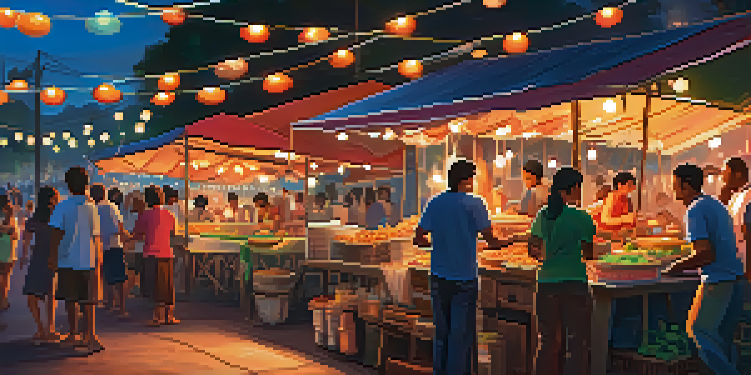 A bustling street food market with colorful stalls and string lights at dusk, diverse people enjoying various dishes.