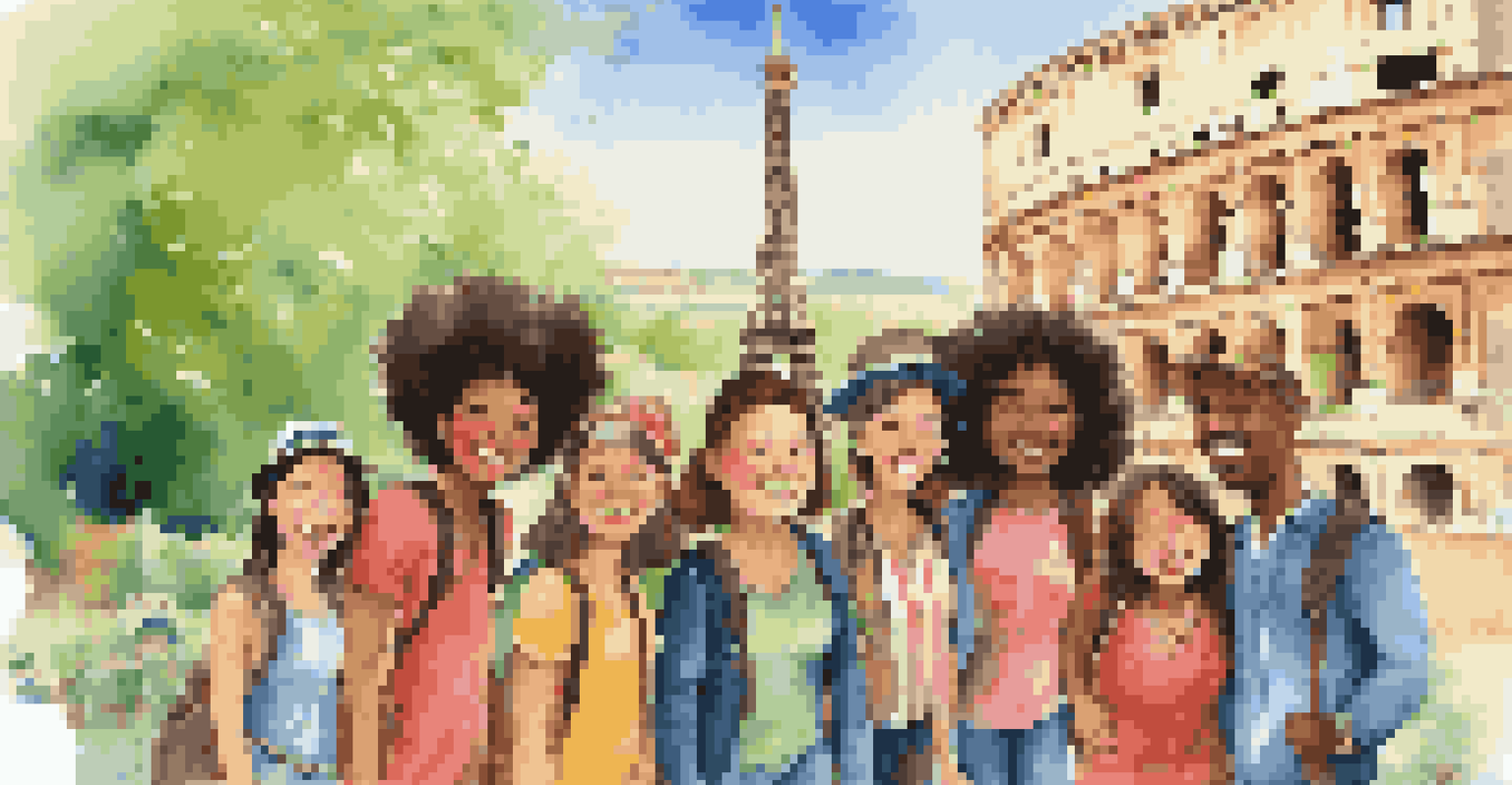 A diverse group of travelers smiling in front of a famous landmark, enjoying the moment together.