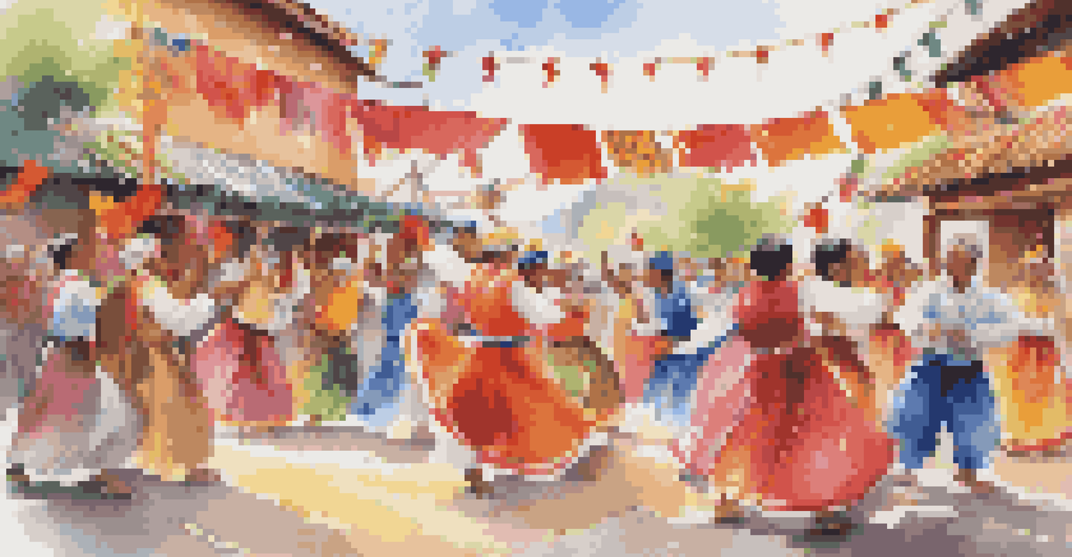 People in traditional clothing dancing joyfully at a local festival, surrounded by colorful decorations and banners.
