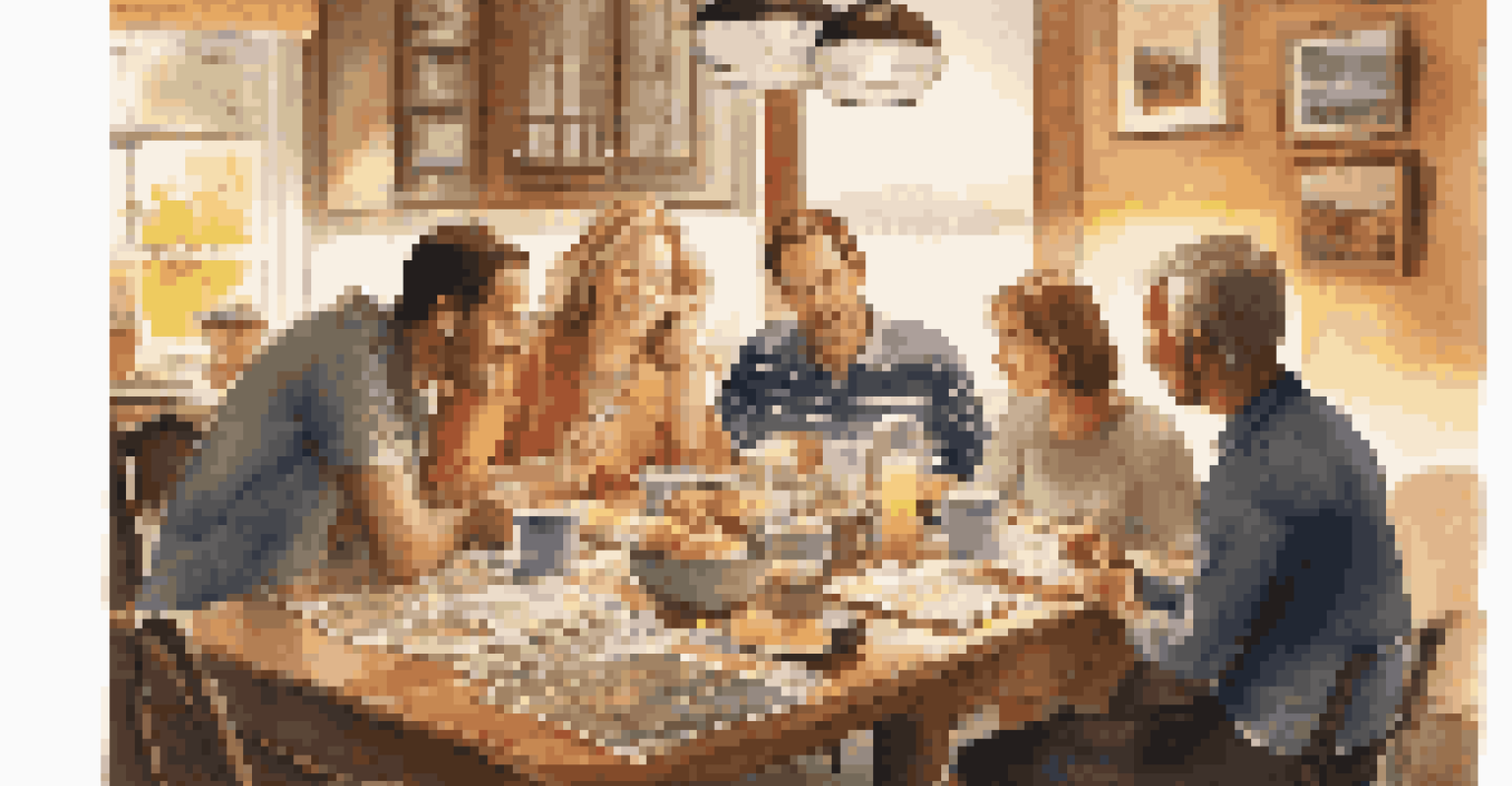 A family at a dining table discussing their travel plans, surrounded by brochures and a map in a cozy atmosphere.
