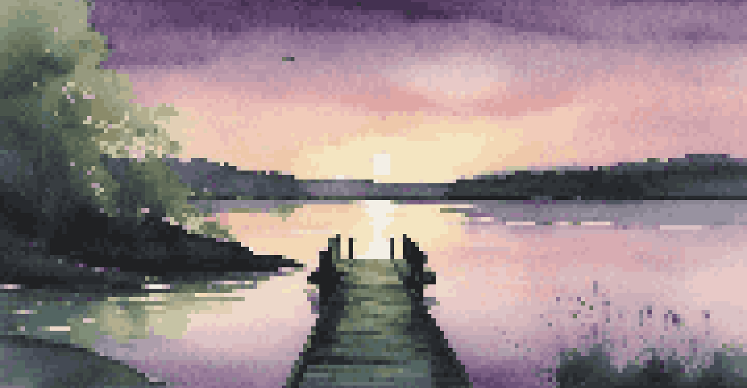 A calm scene at dusk with a green light shining at the end of a dock, silhouetted figures standing by the water, reflecting the atmosphere of hope and dreams.