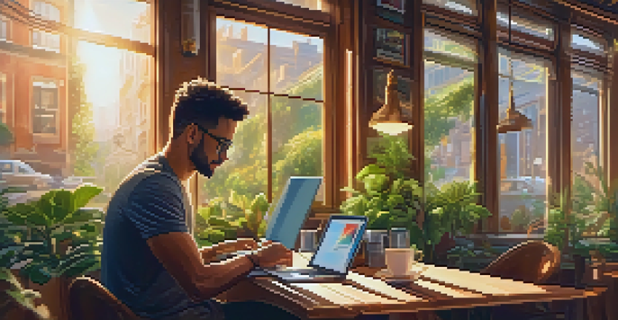 A person working on a laptop in a cozy café with plants and warm lighting, a cup of coffee on the table, and a city view outside.