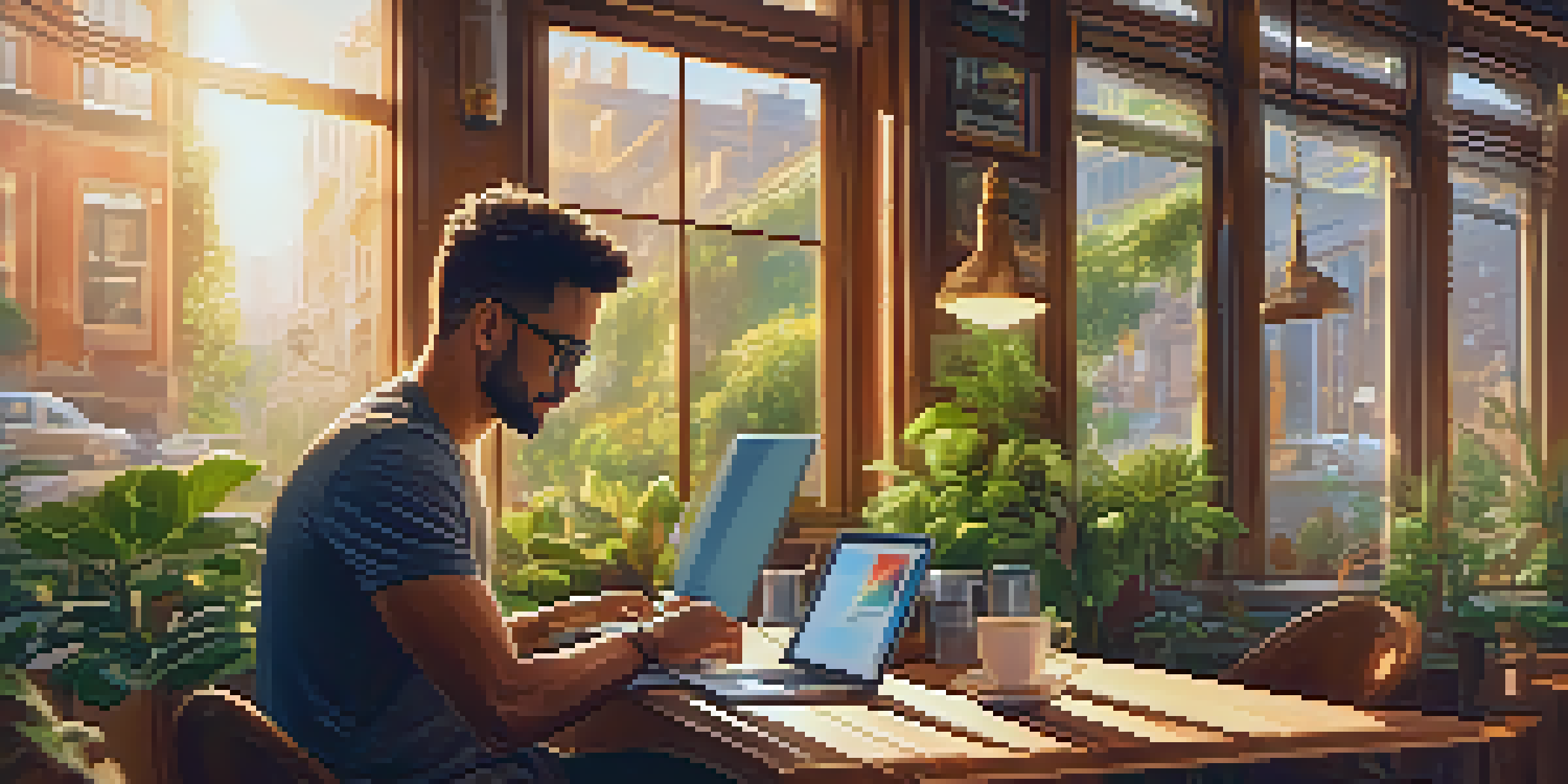 A person working on a laptop in a cozy café with plants and warm lighting, a cup of coffee on the table, and a city view outside.