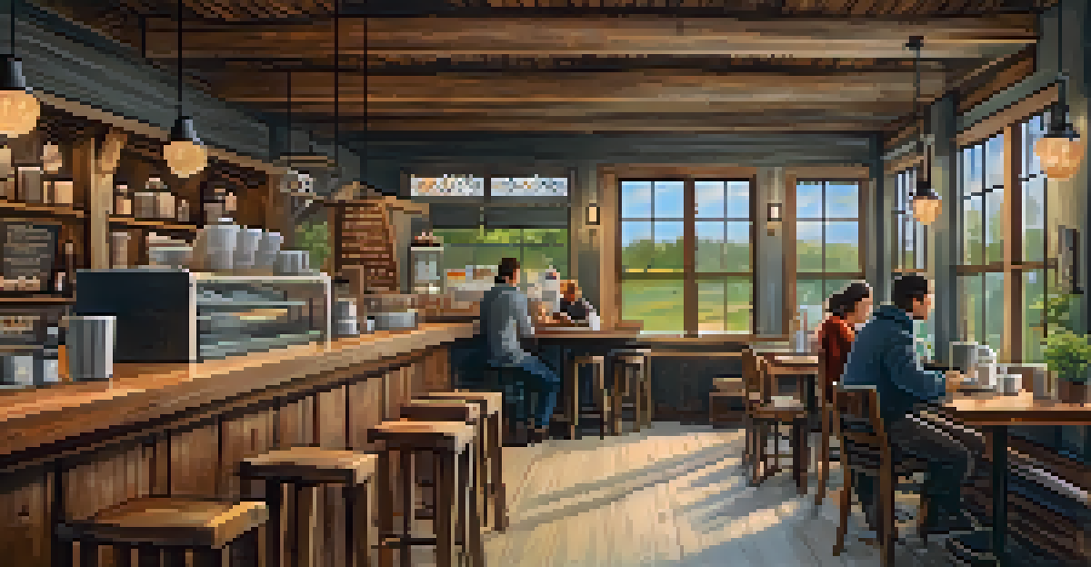 A cozy rustic coffee shop with wooden furniture and large windows, where a barista serves coffee to a customer.