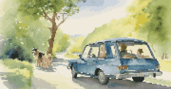 A family traveling with their dog in a car, showcasing a serene landscape with clear skies and green trees.