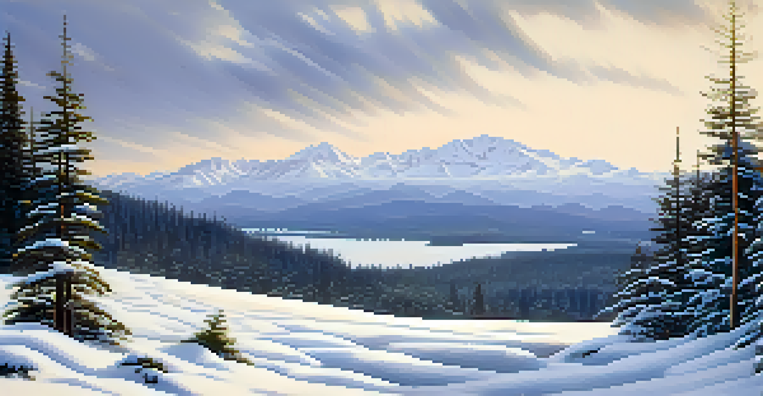 A serene winter landscape with snow-covered trees and distant mountains, captured in soft, diffused light.
