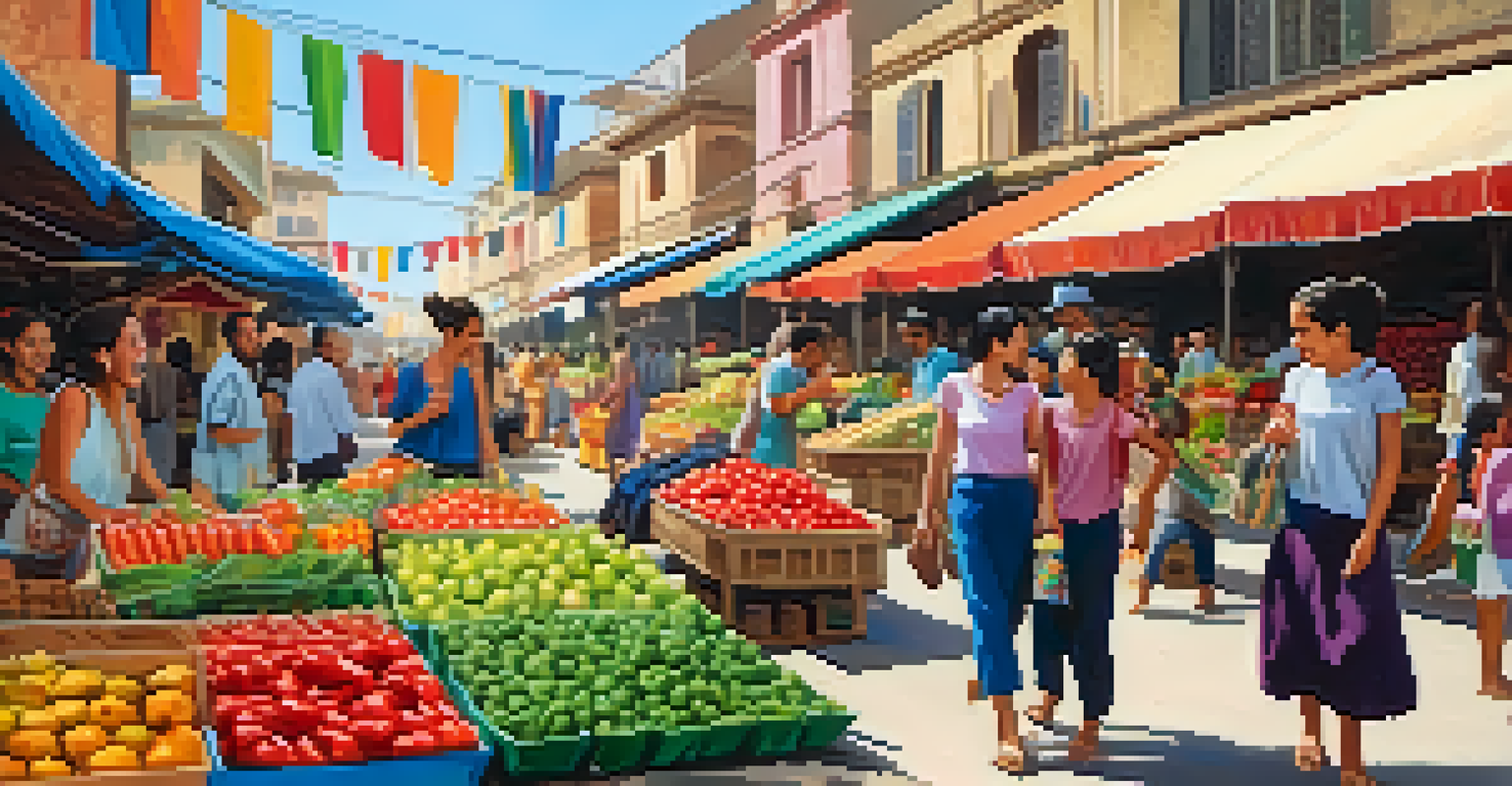 A family enjoying a vibrant local market, interacting with vendors and exploring colorful stalls.