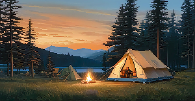 A peaceful camping scene with a tent in a forest clearing at dusk, surrounded by trees and a glowing campfire.