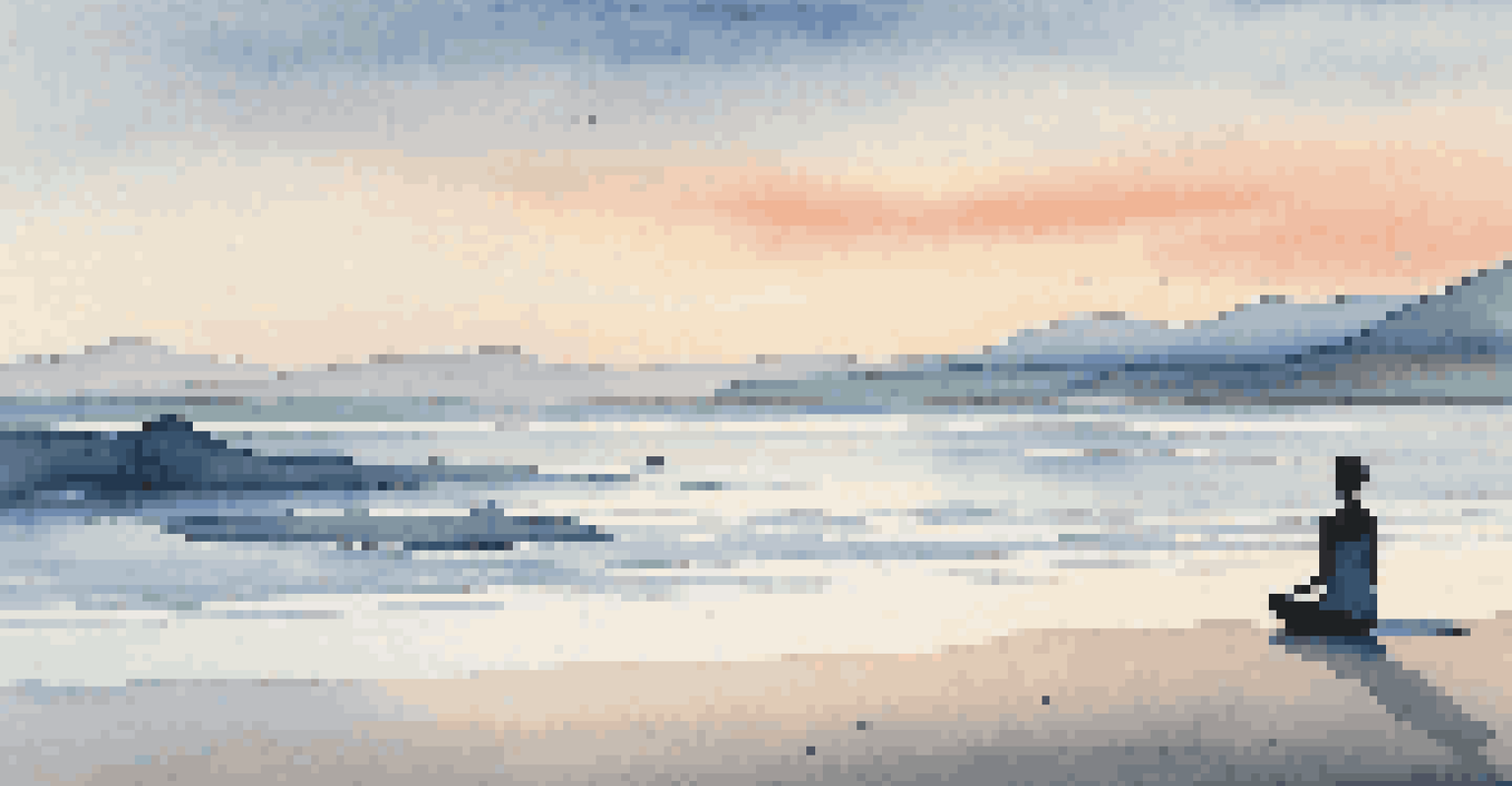 A person practicing yoga on a beach at sunrise, with pastel colors in the sky and mountains in the distance.