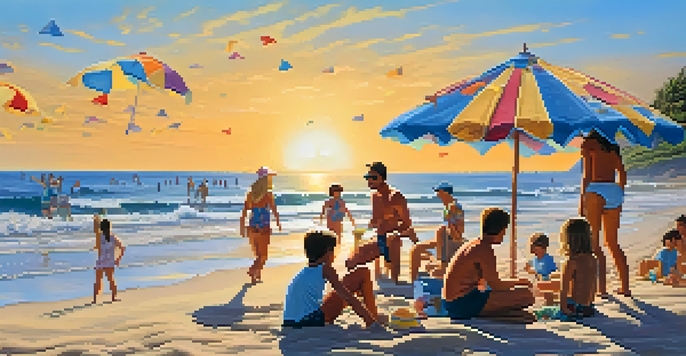 A lively beach scene showing a family enjoying a reunion, with activities like sandcastle building and beach volleyball under a sunny sky.