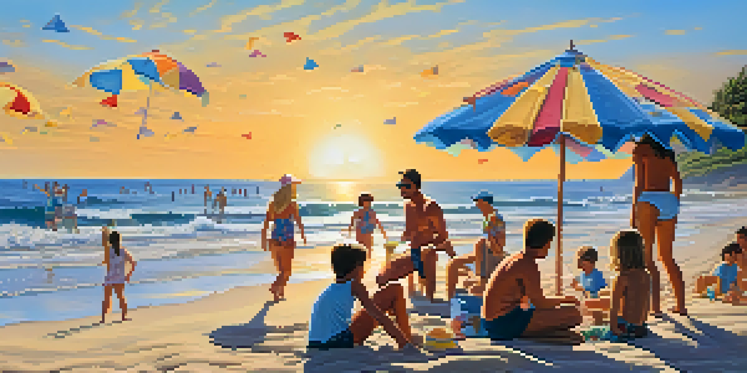 A lively beach scene showing a family enjoying a reunion, with activities like sandcastle building and beach volleyball under a sunny sky.