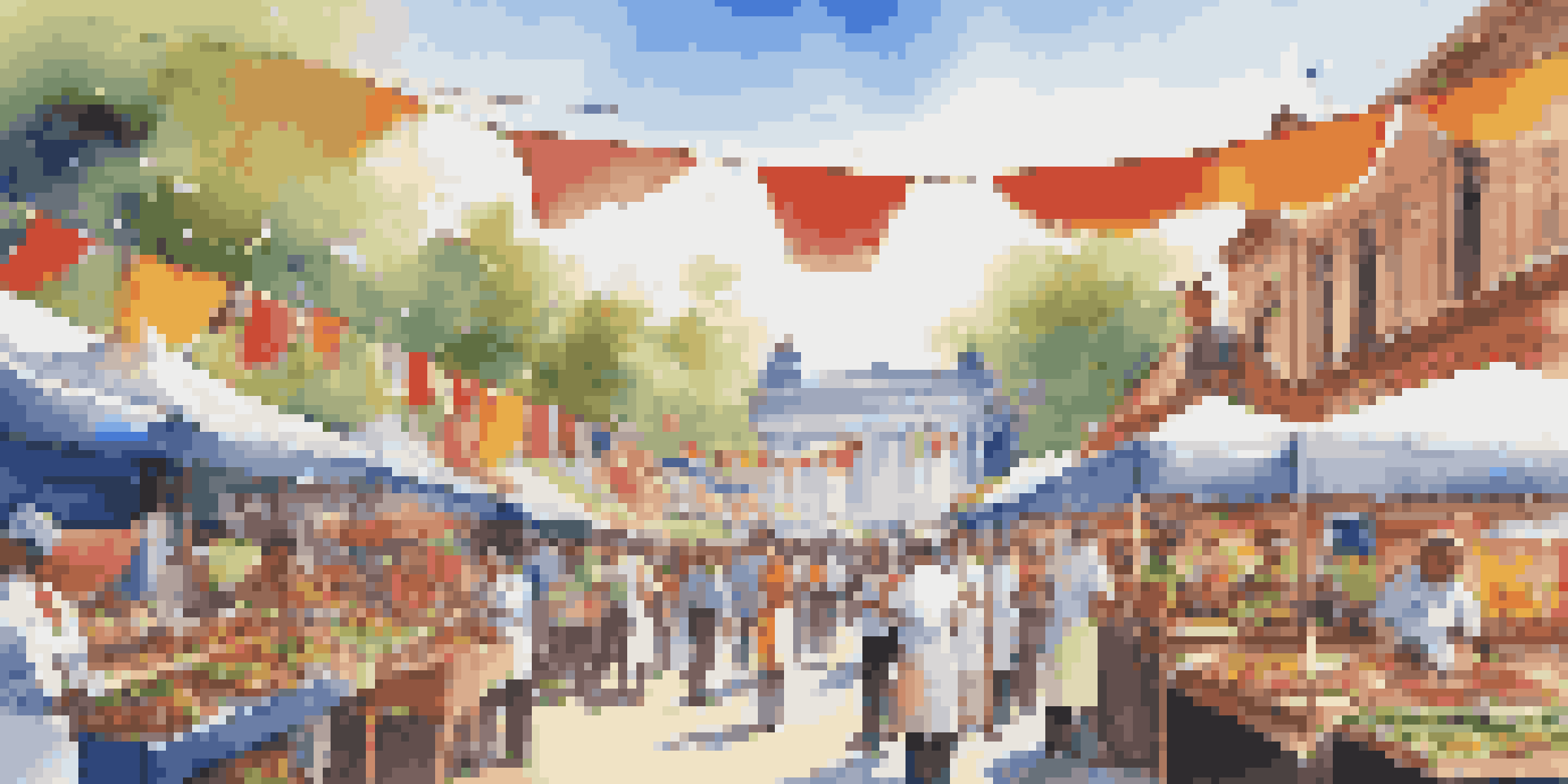 A lively culinary festival with food stalls, chefs cooking, and people enjoying food and music under a clear sky.