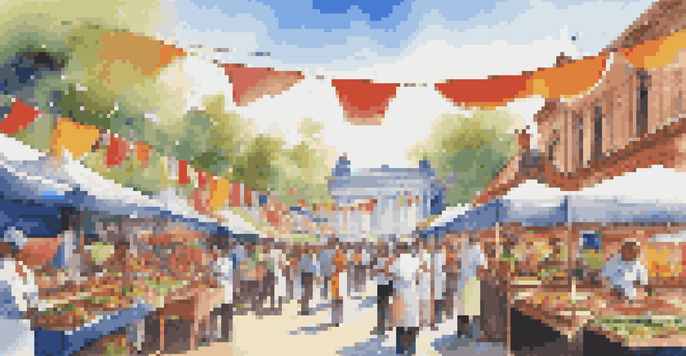 A lively culinary festival with food stalls, chefs cooking, and people enjoying food and music under a clear sky.