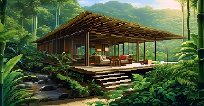 An eco-lodge surrounded by lush jungles in Costa Rica, with bamboo structures and a waterfall, highlighting sustainable practices.