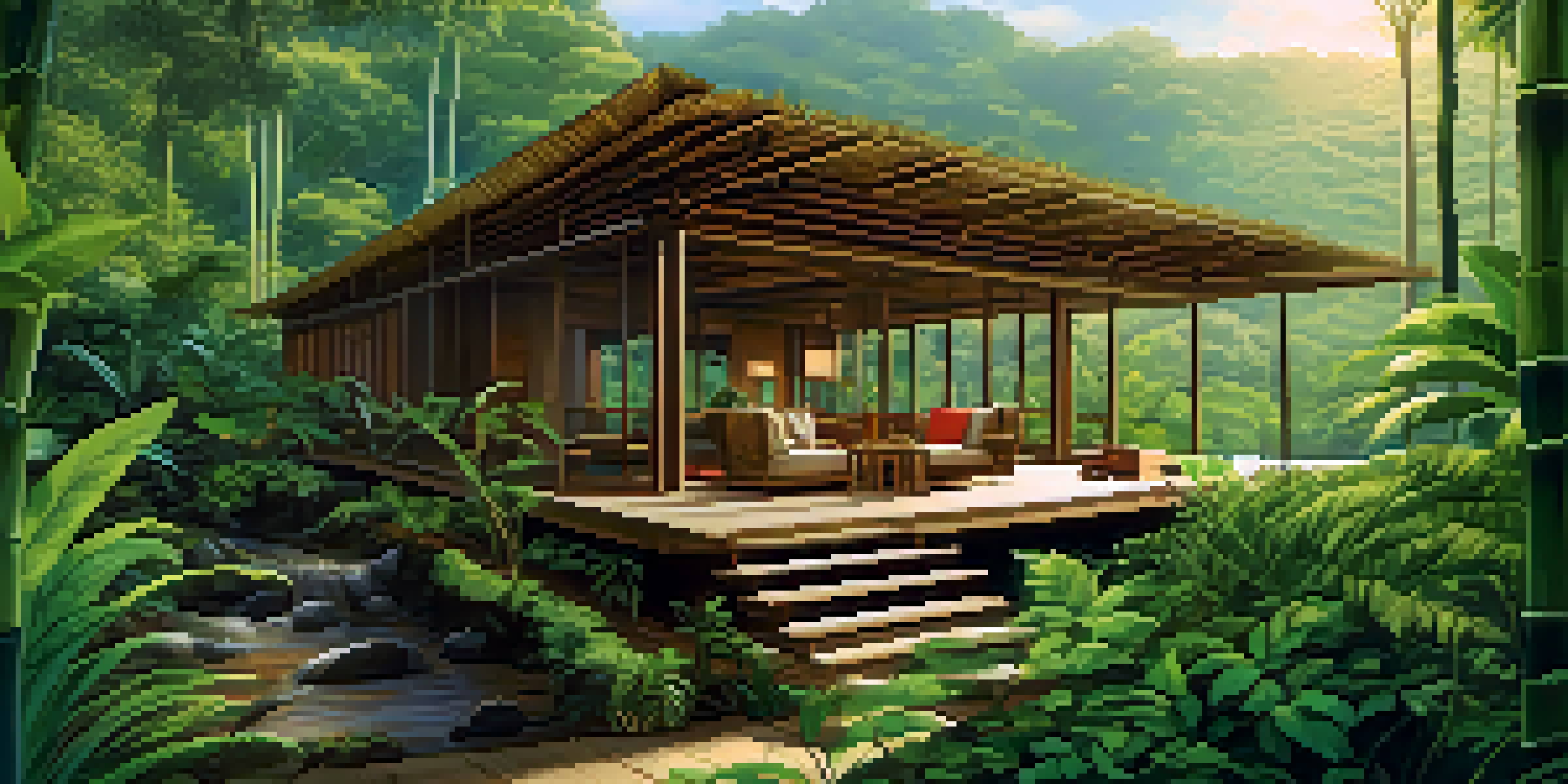 An eco-lodge surrounded by lush jungles in Costa Rica, with bamboo structures and a waterfall, highlighting sustainable practices.