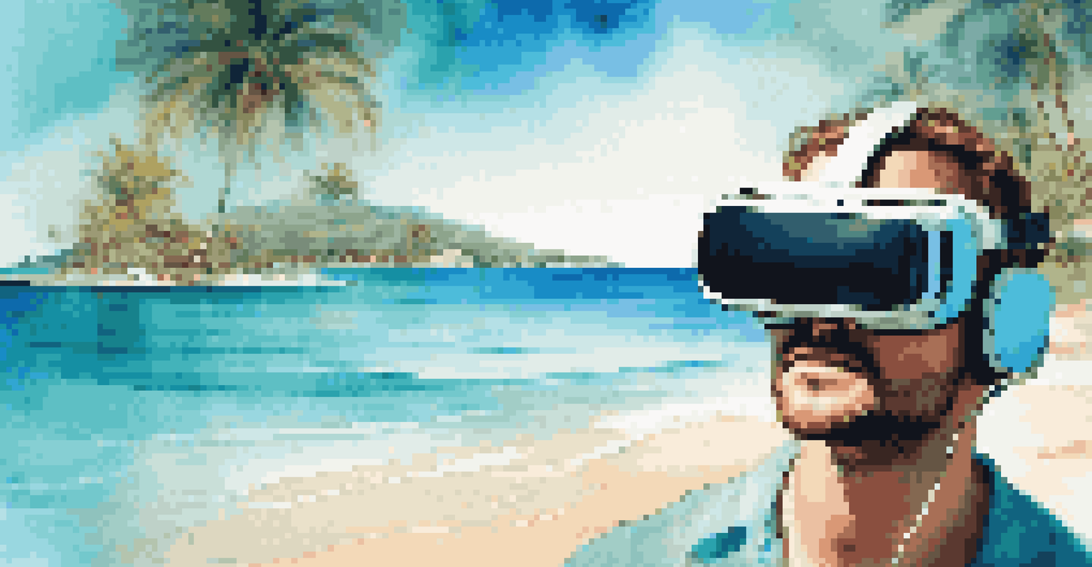 A person wearing a virtual reality headset, experiencing a beautiful beach scene. The image shows the beach with clear waters and palm trees.