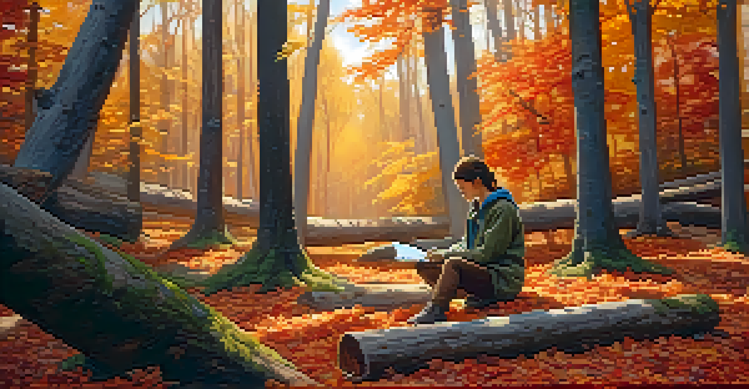 A person sitting on a fallen log in an autumn forest, writing in a travel journal surrounded by colorful leaves.